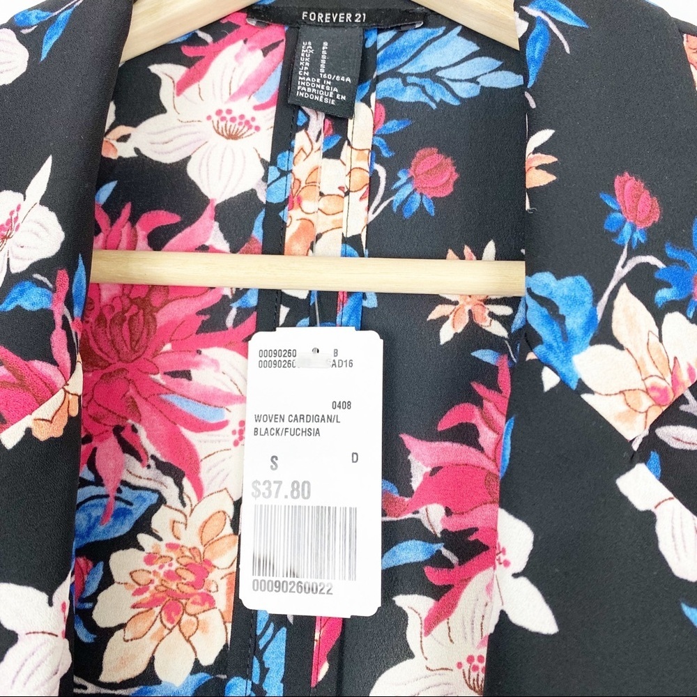 NEW Forever 21 Printed Floral Pink Blue Black Longline Duster Kimono S - Picture 5 of 6